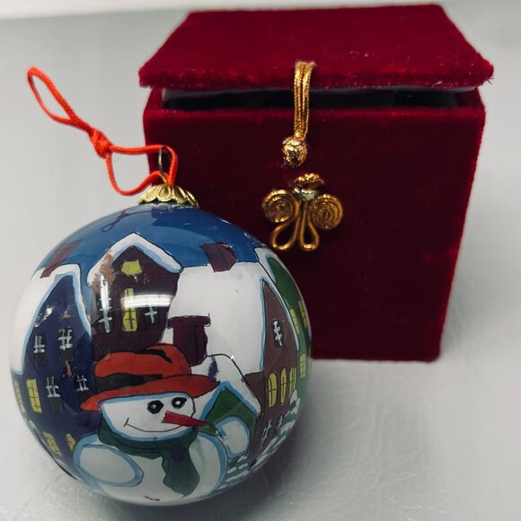 Li Bien Hand Painted Glass Snowman Santa Christmas Ornament Winter Village Scene - Picture 1 of 8